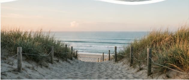 A sandy path through dune grass leading to the ocean at sunrise